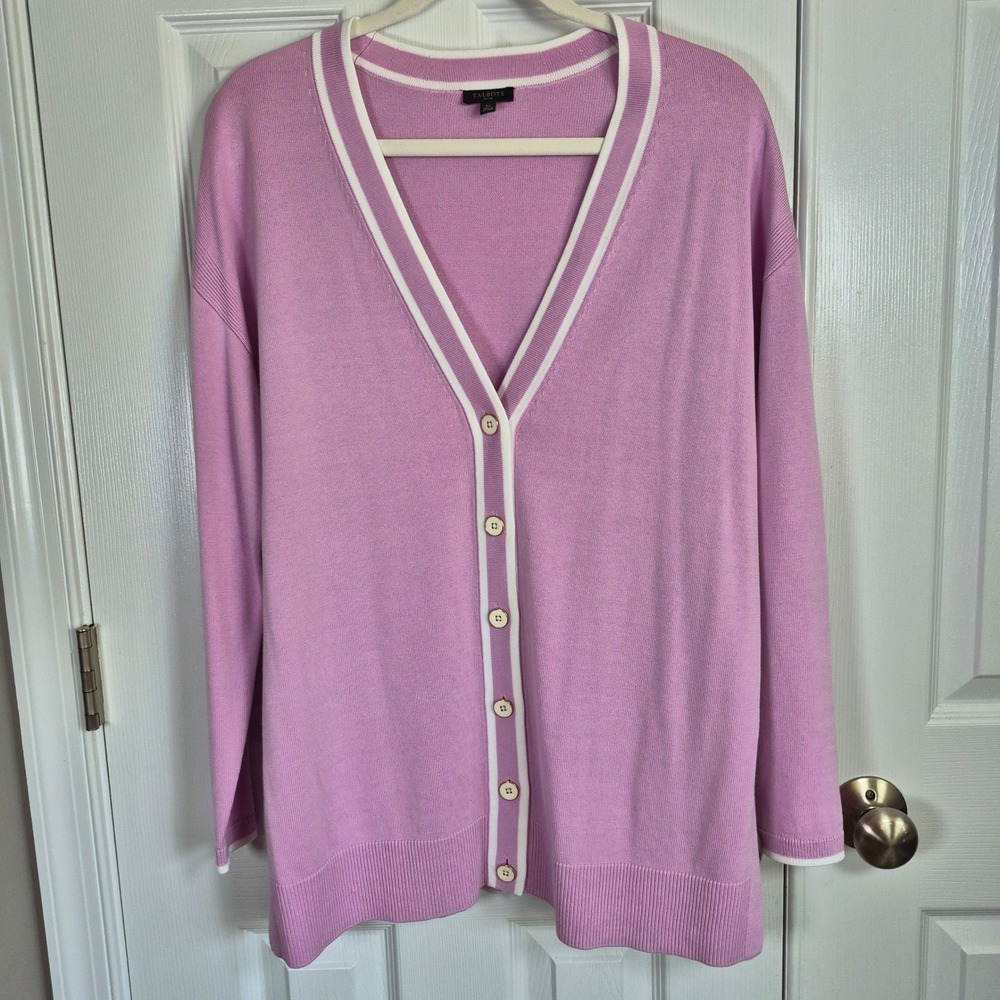 Talbots lavender button down long sleeve cardigan sweater womens large petite - Picture 2 of 8